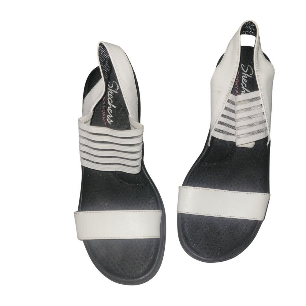 SKETCHER'S Womens White Wedge Sandals Striped Elastic Detail beach coastal comfy